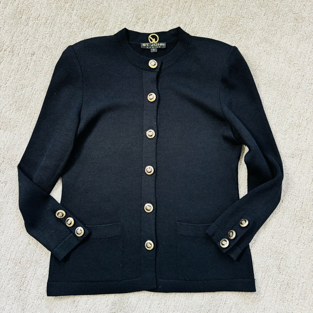 St. John Basics Black Santana Knit Cardigan with Gold Buttons - Picture 10 of 13